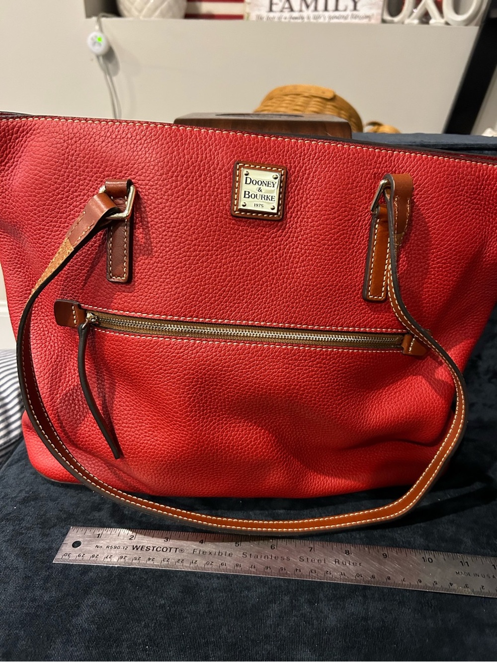 Dooney & Bourke Red Pebble Leather Tote with Brown Trim